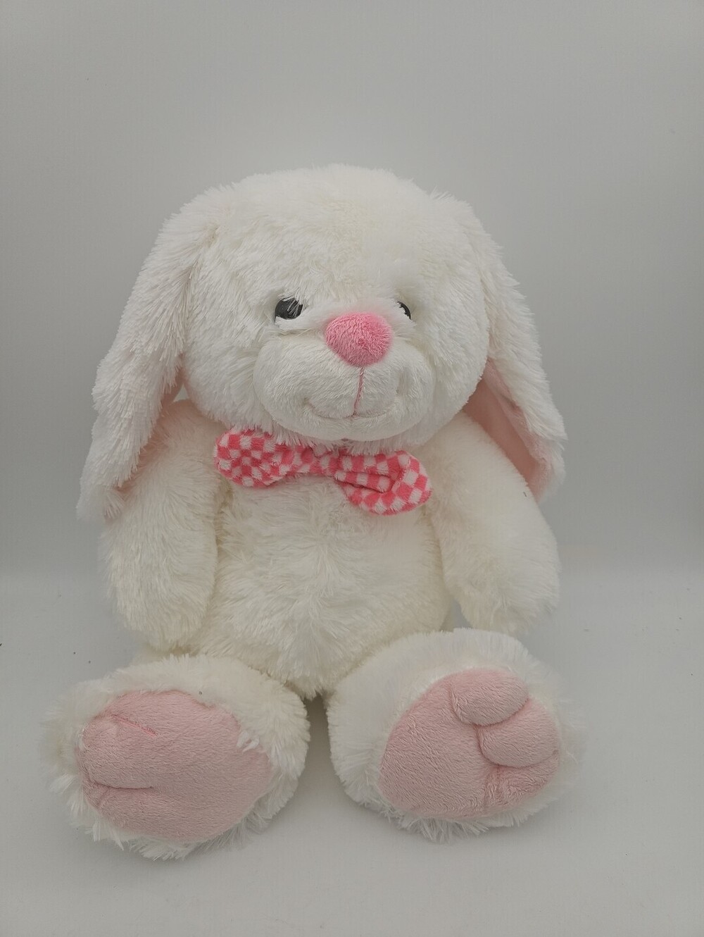 Walgreens Happy Go Fluffy 20" White Bunny Plush Pink Checkered Bow Stayed On Shl